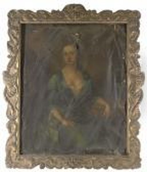 Portrait Of A Lady, Presumably 
Of The Mostyn Family, Three-quarter-length, In A Blue Dress, Resting Her
 Left Arm On A Table Oil Painting by Michael Dahl