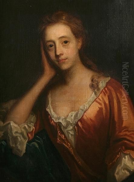 Portrait Of A Lady, Half Length,
 Believed To Be Lady Verney, Wearing A Russet Silk Dress And Leaning On 
Her Right Elbow Oil Painting by Michael Dahl