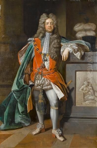 Portrait Of Charles Montagu, 1st
 Earl Of Halifax (1661-1715), Standing Full-length, In The Robes Of The 
Order Of The Garter Oil Painting by Michael Dahl