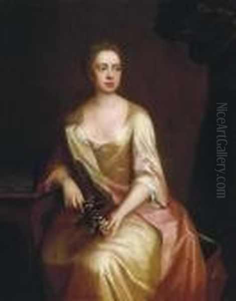 Portrait Of A Lady, 
Three-quarter-length, Seated, In A Golden Satin Dress Holding A Spray Of
 Flowers Oil Painting by Michael Dahl