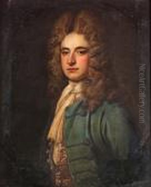 Portrait Of A Gentleman, Bust-length, In A Blue Coat With A Lace Jabot Oil Painting by Michael Dahl