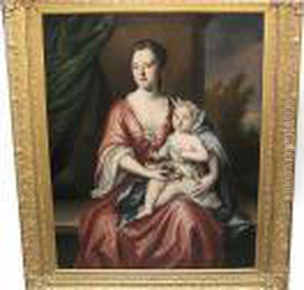 A Portrait Of A Seated Lady In A Red Dress Holding A Child Oil Painting by Michael Dahl