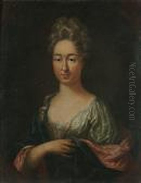 Portrait Bust Length Of A Lady, Wearing A White Dress With A Blue And Pink Cloak Oil Painting by Michael Dahl