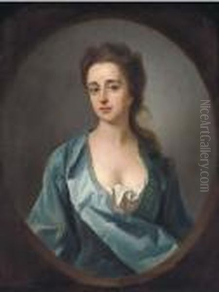 Portrait Of Mary Dowdeswell, Half-length, In A Blue Gown, Feignedoval Oil Painting by Michael Dahl