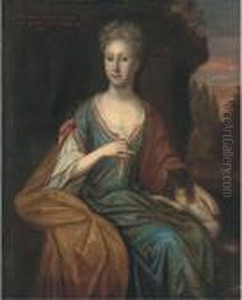 Portrait Of Grace Rawson, Seated Three-quarter-length, In A Bluedress, A Dog On Her Knee Oil Painting by Michael Dahl