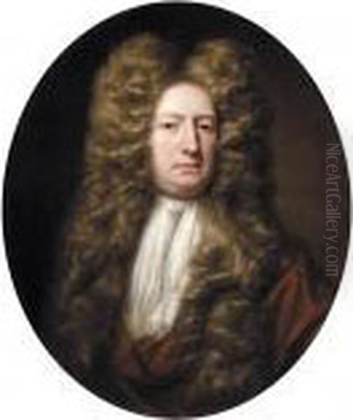 Portrait Of Mr Grosvenor, Half Length, Wearing Brown Robes And A White Necktie Oil Painting by Michael Dahl