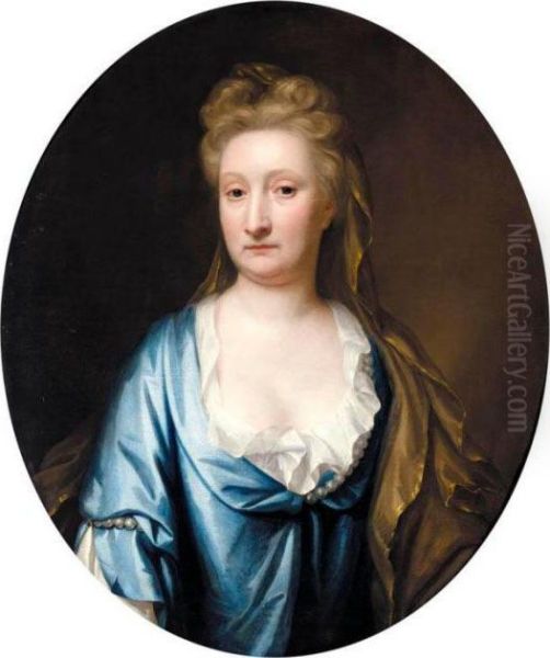 Portrait Of Mrs Mostyn, Half Length, Wearing A Blue Silk Dress And A Gold Veil Oil Painting by Michael Dahl