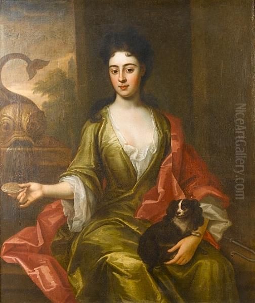 Portrait Of A Lady, Said To Be 
Elizabeth Gurney, Seated Three-quarter-length, In A Green Dress With A 
Red Wrap, A Spaniel On Her Lap, At A Fountain Oil Painting by Michael Dahl