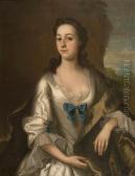 A Portrait Of A Lady In A White Gown With Blue Bow Oil Painting by Michael Dahl