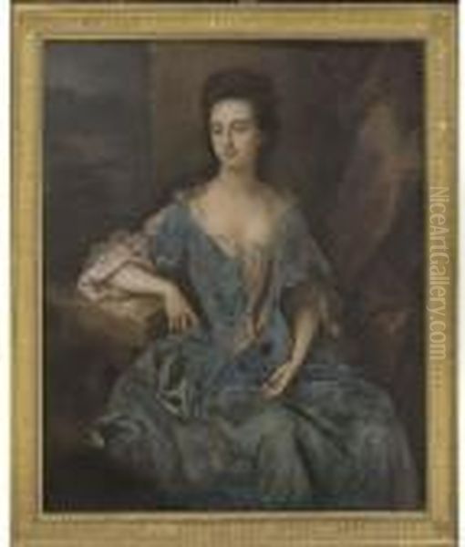 Portrait Of A Lady, Thought To 
Be Mrs Levinz, Three-quarter-length,seated In A Blue Dress, Her Right 
Arm Resting On A Ledge, A Woodedlandscape Beyond Oil Painting by Michael Dahl