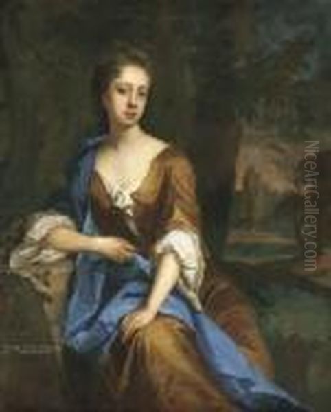 Portrait Of Dorothy Brudenell, 
Countess Of Westmorland, Three-quarter-length, Seated In An Ochre Dress 
With A Blue Wrap, In An Extensive Wooded Landscape Oil Painting by Michael Dahl