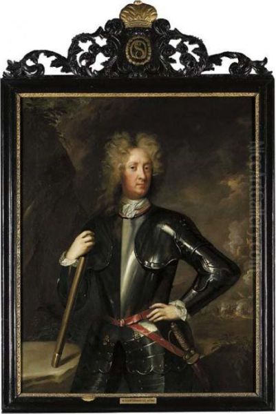 Portrait Of The Duke Of 
Schomberg, Three-quarter-length, In Armour, Holding A Baton In His Right
 Hand, In A Landscape, A Battle Beyond Oil Painting by Michael Dahl