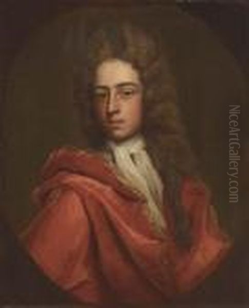 Portrait Of A Gentleman Said To Be Sir Henry Temple, In A White Cravatte And A Red Coat Oil Painting by Michael Dahl