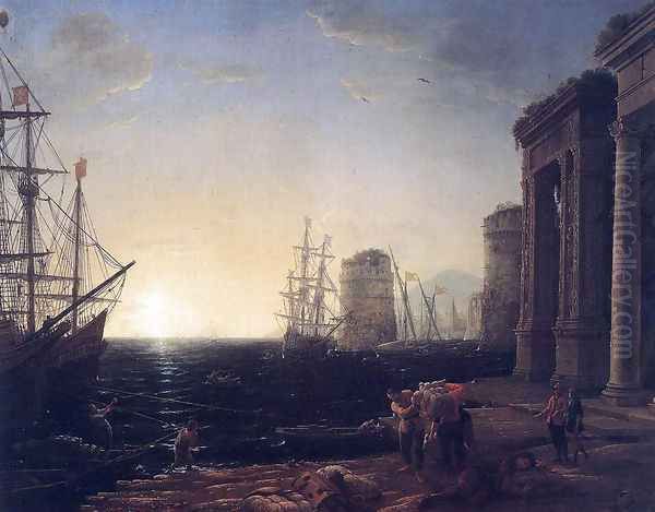 Harbour Scene at Sunset Oil Painting by Claude Lorrain (Gellee)