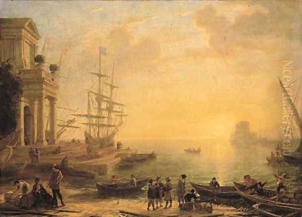 A capriccio of an Italianate harbour at sunset, with merchants, fishermen and stevedores on the shore in the foreground, men-o'-war at a quay beyond Oil Painting by Claude Lorrain (Gellee)