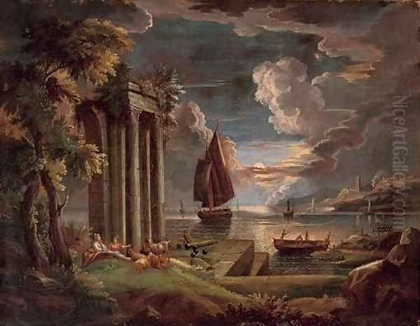 A Mediterranean coastal landscape at twilight with shepherdesses and their goats at rest by classical ruins, shipping beyond Oil Painting by Claude Lorrain (Gellee)