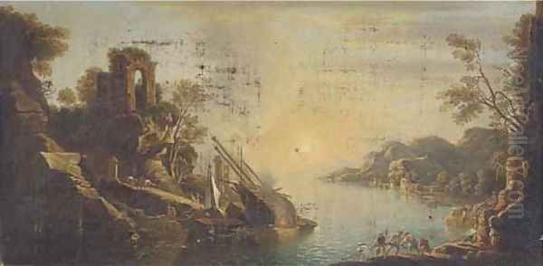 A capriccio of a Mediterranean coastal inlet with shipping and fisherman pulling in the catch Oil Painting by Claude Lorrain (Gellee)