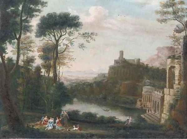 A classical landscape with figures above a lake Oil Painting by Claude Lorrain (Gellee)