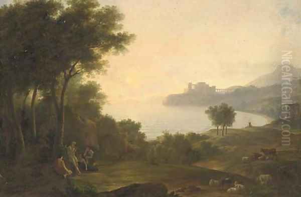 A Mediterranean coastal inlet with classical figures playing music, a fortress in the distance Oil Painting by Claude Lorrain (Gellee)