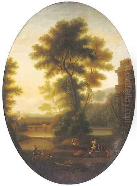 A classical landscape with wine makers and other figures by ruins, in a feigned oval Oil Painting by Claude Lorrain (Gellee)