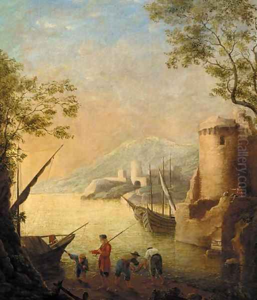 A harbour at sunset with fishermen by the shore Oil Painting by Claude Lorrain (Gellee)