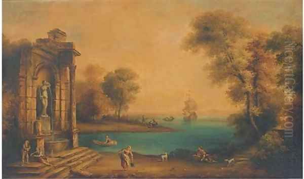 A coastal landscape with shipping and figures by a classical fountain Oil Painting by Claude Lorrain (Gellee)