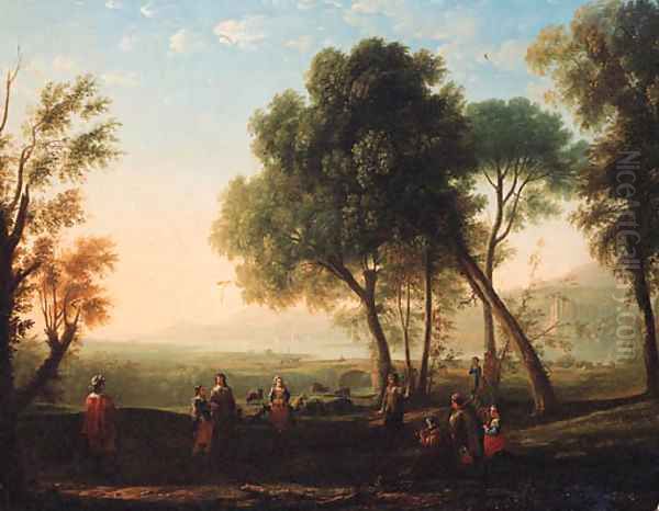 An Italianate river landscape with figures dancing in a glade Oil Painting by Claude Lorrain (Gellee)