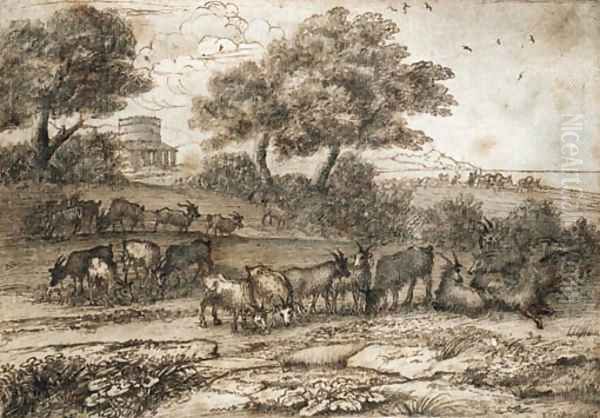 An extensive Mediterranean landscape with a tower and a herd of goats Oil Painting by Claude Lorrain (Gellee)