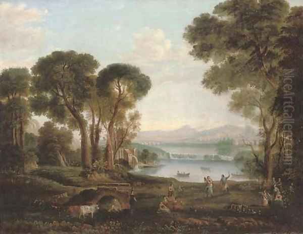 An Italianate river landscape with figures dancing and making music on a bank, a town beyond Oil Painting by Claude Lorrain (Gellee)