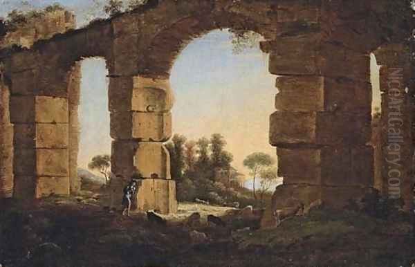 An Italianate evening landscape with a shepherd and his flock by a ruined aqueduct Oil Painting by Claude Lorrain (Gellee)