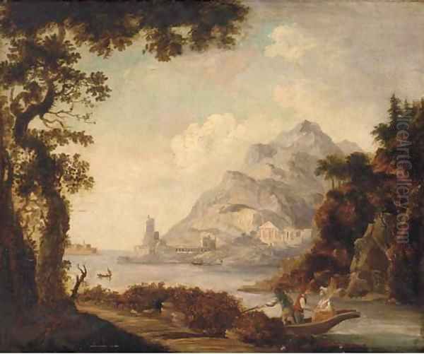 Figures in a boat before classical ruins, in a Mediterranean harbour Oil Painting by Claude Lorrain (Gellee)