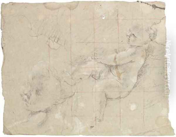 A putto reclining on a cloud, with a subsidiary study of his head Oil Painting by Giovanni Lanfranco