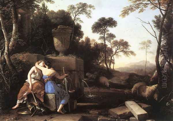 Landscape with Peace and Justice Embracing 1654 Oil Painting by Laurent De La Hire