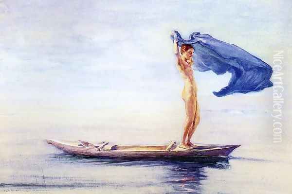 Girl In Bow Of Canoe Spreading Out Her Loin Cloth For A Sail Samoa Aka Fayaway Oil Painting by John La Farge