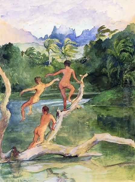 Girls Bathing On The Shore Near Papeete In An Outlet Of The River Fautaua The Diadem Or Crown Mountain In Distance Northwest Wind Blowing Later Afternoon February Oil Painting by John La Farge