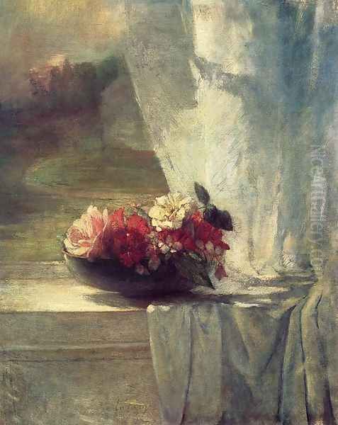 Flowers In A Persian Porcelain Water Bowl Aka Flowers On A Windowsill Oil Painting by John La Farge