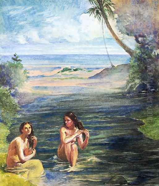 Women Bathing In Papara Riiver Oil Painting by John La Farge