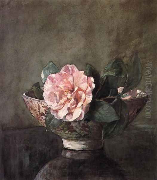 Camellia In Old Chinese Vase On Black Lacquer Table Oil Painting by John La Farge