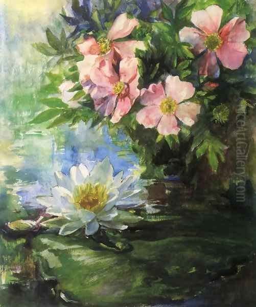 Wild Roses And Water Lily Study Of Sunlight Oil Painting by John La Farge