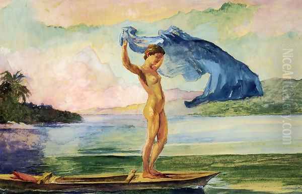 Fayaway Sails Her Boat Samoa Oil Painting by John La Farge