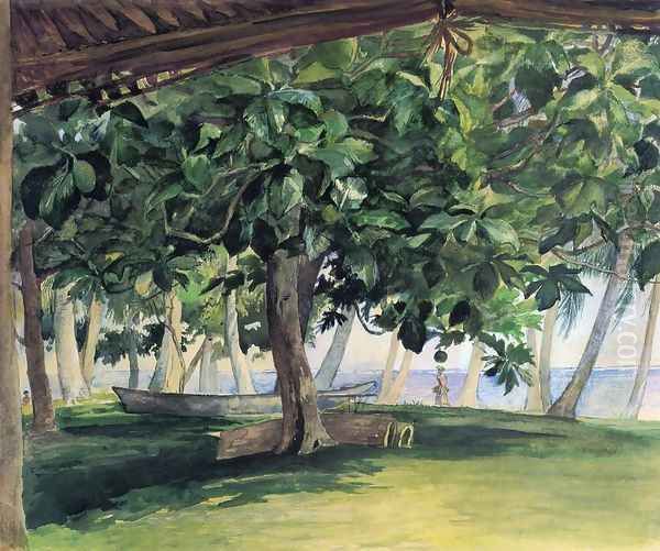 View From Hut At Vaiala In Upolu Bread Fruit Tree War Drums And Canoe Nov 19th 1890 Oil Painting by John La Farge