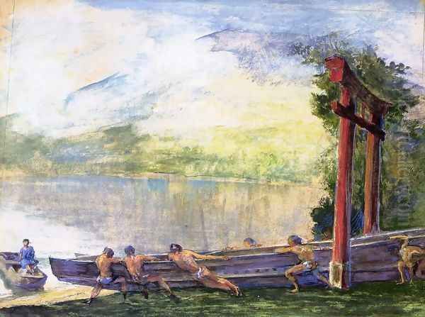 A Torii On Shore Of Lake Chusenji Japan Fishermen Pushing Out Their Boat Oil Painting by John La Farge