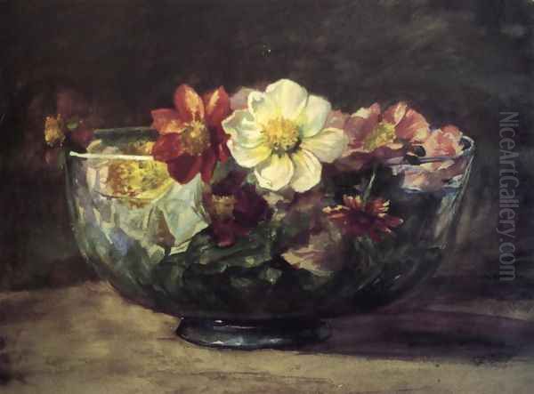 Study Of Autumn Flowers In Persian Glass Bowl With White Enamel Edge Oil Painting by John La Farge