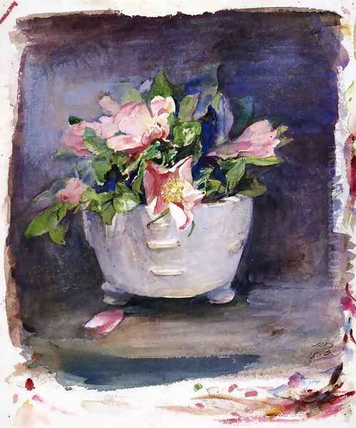 Wild Roses In A White Chinese Porcelain Bowl Oil Painting by John La Farge