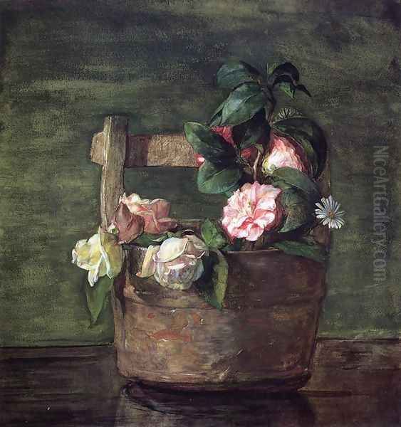 Camellias And Roses In Japanese Vase Of Earthenware With Crackle Oil Painting by John La Farge