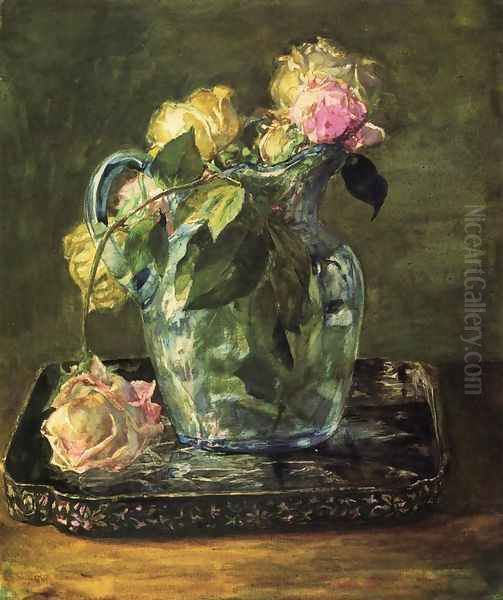 Roses In Blue Crackle Glass Pitcher Oil Painting by John La Farge