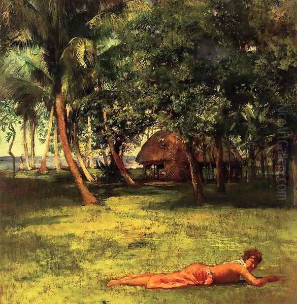 In Front Of Our House Vaila Girl On Grass Oil Painting by John La Farge