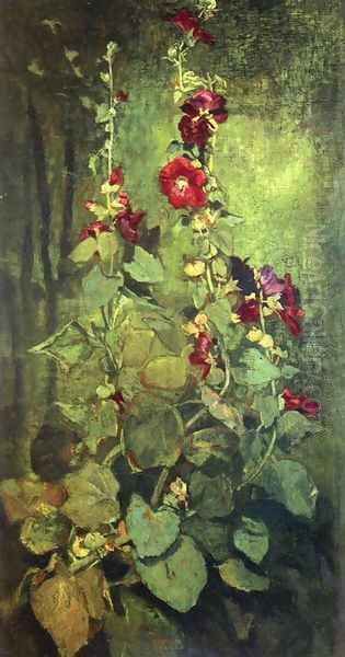 Red Hollyhocks Oil Painting by John La Farge