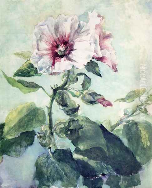 Study Of Pink Hollyhock In Sunlight From Nature Oil Painting by John La Farge