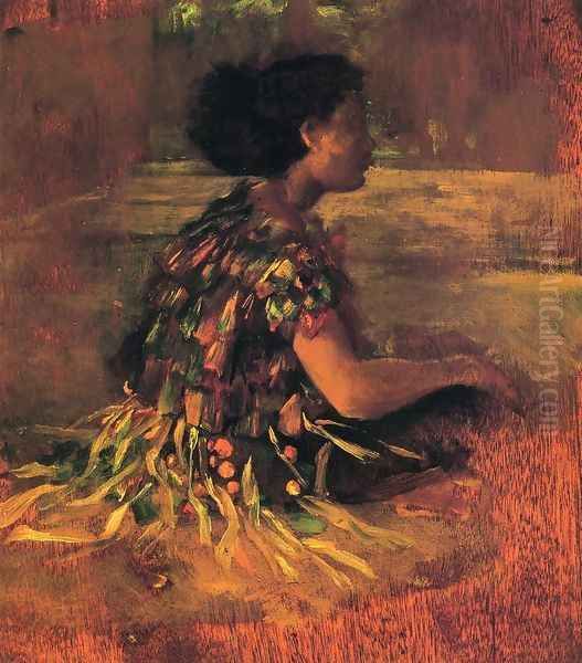 Girl In Grass Dress Aka Seated Samoan Girl Oil Painting by John La Farge